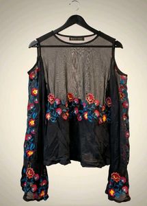Embroidered Cold Shoulder Mesh Top