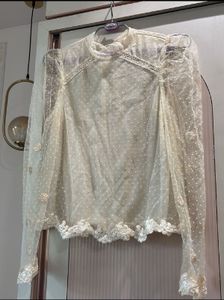 Sheer Polka Dot Blouse with Lace Trim