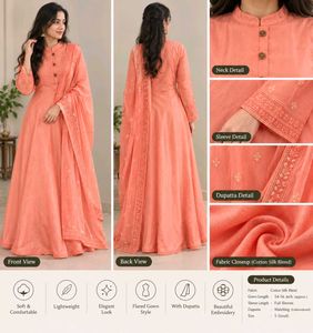 Peach Embroidered Cotton Silk Blend Gown