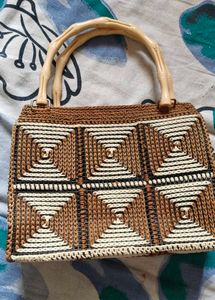 Vintage Crochet Handbag with Bamboo Handles