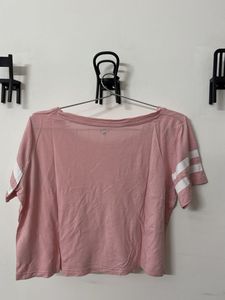 Pink Striped Sleeve Cropped T-Shirt