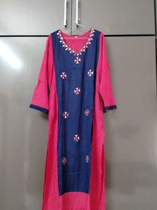 Vibrant Pink & Blue Embroidered Kurta