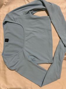Baby Blue Ribbed Square Neck Long Sleeve Top