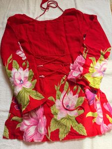 Vibrant Floral Red Kurta with tie up back