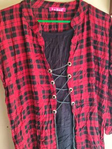 Red &amp; Black Plaid Lace-Up Top