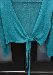 Sparkly Green Tie-Front Wrap Cardigan