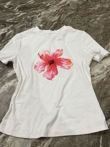 White T-Shirt with Pink Flower Print