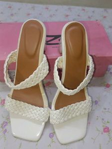 Stylish White Braided Heeled Mules