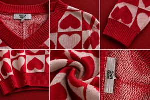 RED &amp; IVORY HEART PRINT CROPPED V-NECK SWEATER