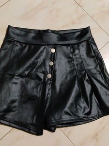Black Faux Leather Button Skort