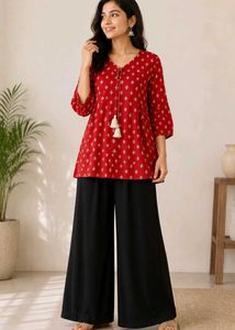 Red Printed Tunic with Tassels