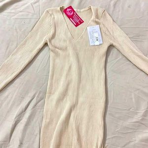 Cream Ribbed V-Neck Sweater Dress