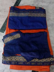 Orange &amp; Blue Embellished Saree