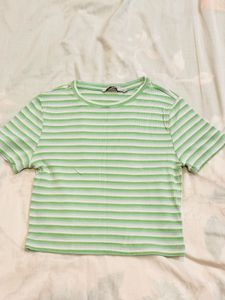 Green Striped Cropped T-Shirt