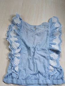 Blue Embroidered Ruffle Sleeve Top