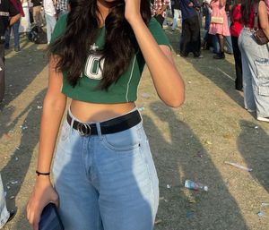 Green V-Neck crop Top with '10' Graphic