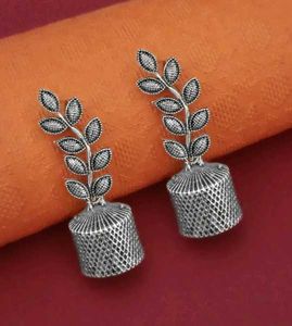 Ethnic Oxidized Silver Leaf Earrings