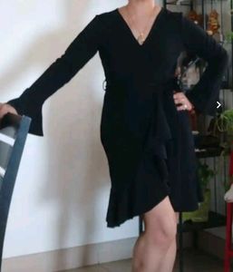 Athena chic Black Ruffle Dress with Bell Sleeves