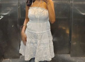 White Strapless Eyelet Tiered Dress