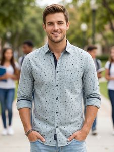 Men's Light Blue cotton Floral Print Shirt