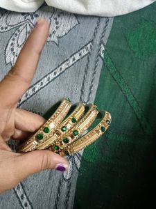 Gold Tone Bangle Set with Green Stones