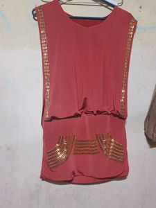 Coral Embellished Sleeveless Tunic Dress
