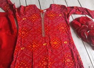 Red Bandhani Print Kurta Set with Dupatta