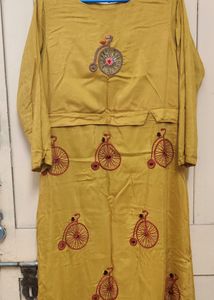 Mustard Yellow Vintage Bicycle Embroidered Dress