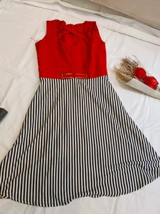 Chic Red & Black Striped Midi Dress for girls