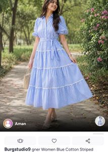 Blue Striped Tiered Midi Dress