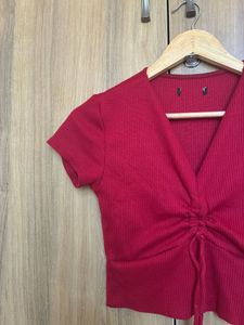 Ribbed Red Ruched Crop Top