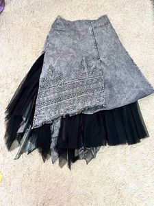 Edgy Distressed Denim & Tulle Skirt