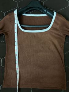 Brown Ribbed Square Neck Top