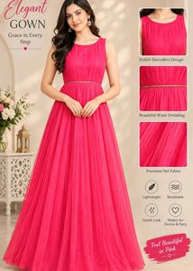 Pink Net Full Length Gown Blue Embroidery Coat