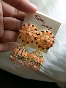 Gorgeously Designed Peach Polki &amp; Pearls Jhumka 👌👌
