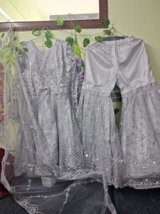 Elegant Silver Sequined Kurta Set with Dupatta