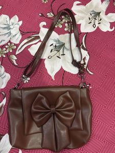 Brown Faux Leather Shoulder Bag with Bow