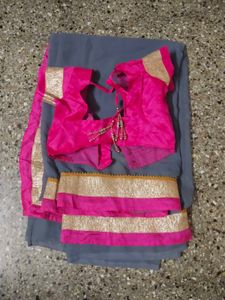 Price dropped Elegant Grey Saree with Pink Border