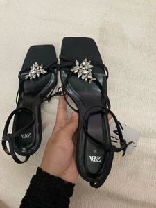 Zara Embellished Black Heeled Sandals