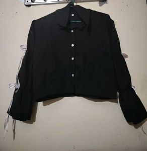 Chic Black Bell Sleeve Top with Ribbon Tie