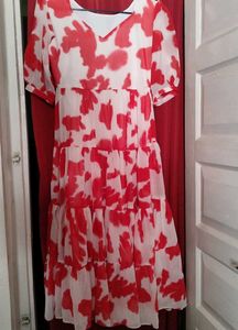 Red & White Tiered Midi Dress