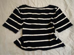 Korean Striped V-Neck T-Shirt with Heart Patch