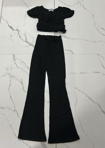 Black Ribbed Crop Top &amp; Flare Pants Set