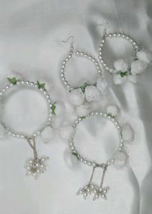 Elegant White Flower &amp; Pearl Bangles with Matching