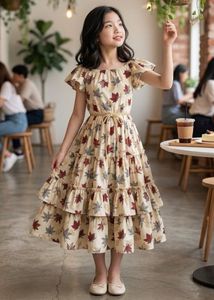 girls daily wear Leaf Print Tiered cotton frock