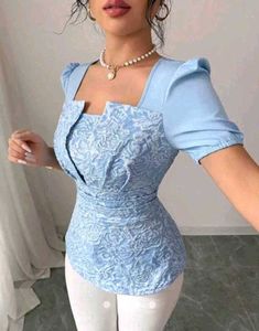 brand new(savana)patchwork blue Puff Sleeve Top