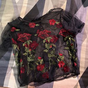 Forever 21 Sheer Black Rose Embroidered Top