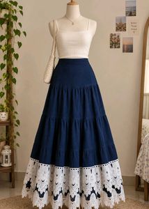 Elegant Navy Blue Skirt with White Lace Trim