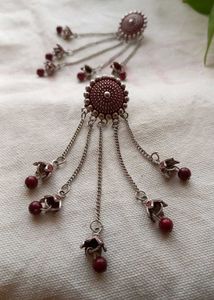 Dangle Earrings - Maroon & Silver