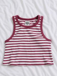 Pink & White Striped Ribbed Crop Tank Top for Wome